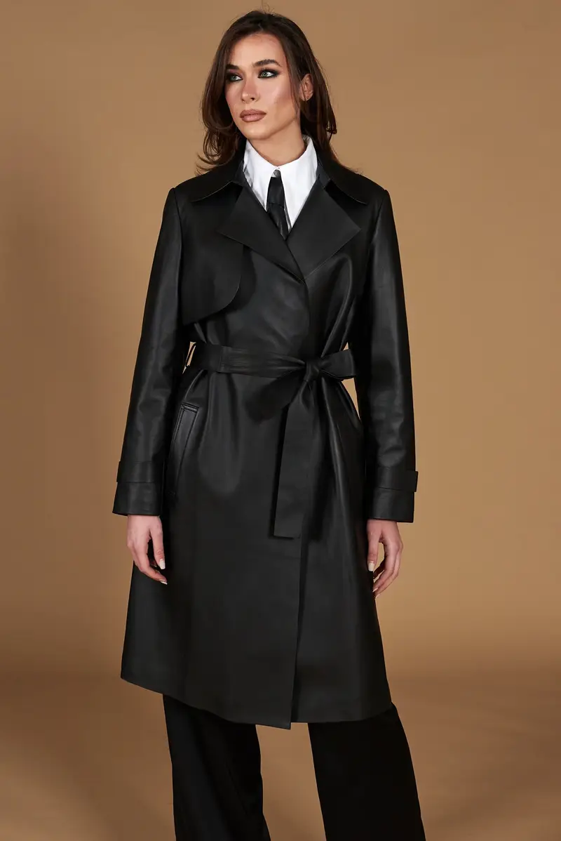 Cappotto in pelle nera nappa effetto liscio con cintura D'Arienzo, Seleziona Nero