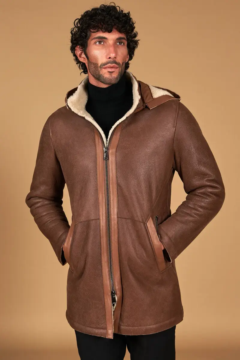 Cappotto montone cuoio shearling vintage con cappuccio staccabile D'Arienzo, Seleziona Cuoio