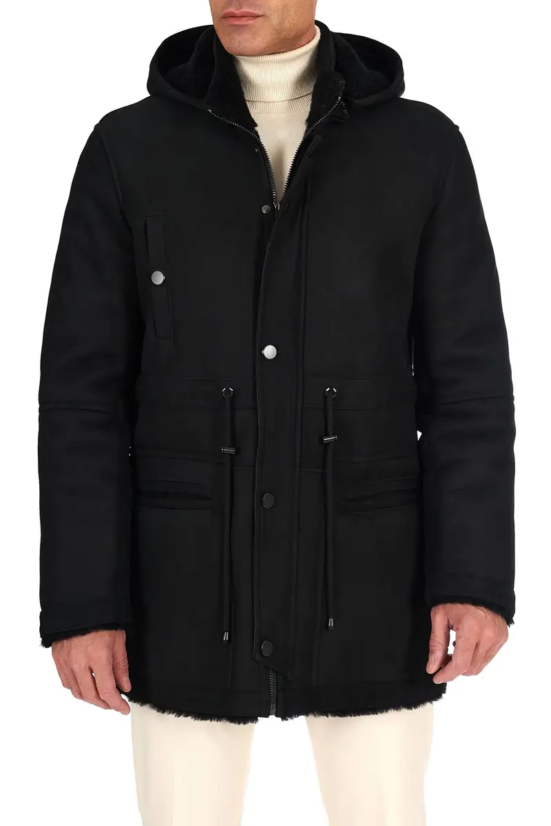 Cappotto Montone Shearling nero con cappuccio staccabile D'Arienzo, Seleziona Nero