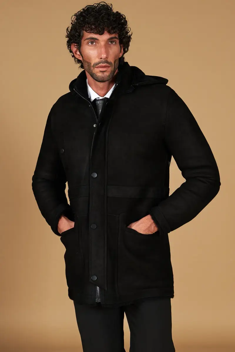 Cappotto montone shearling scamosciato nero con cappuccio staccabile D'Arienzo, Seleziona Nero