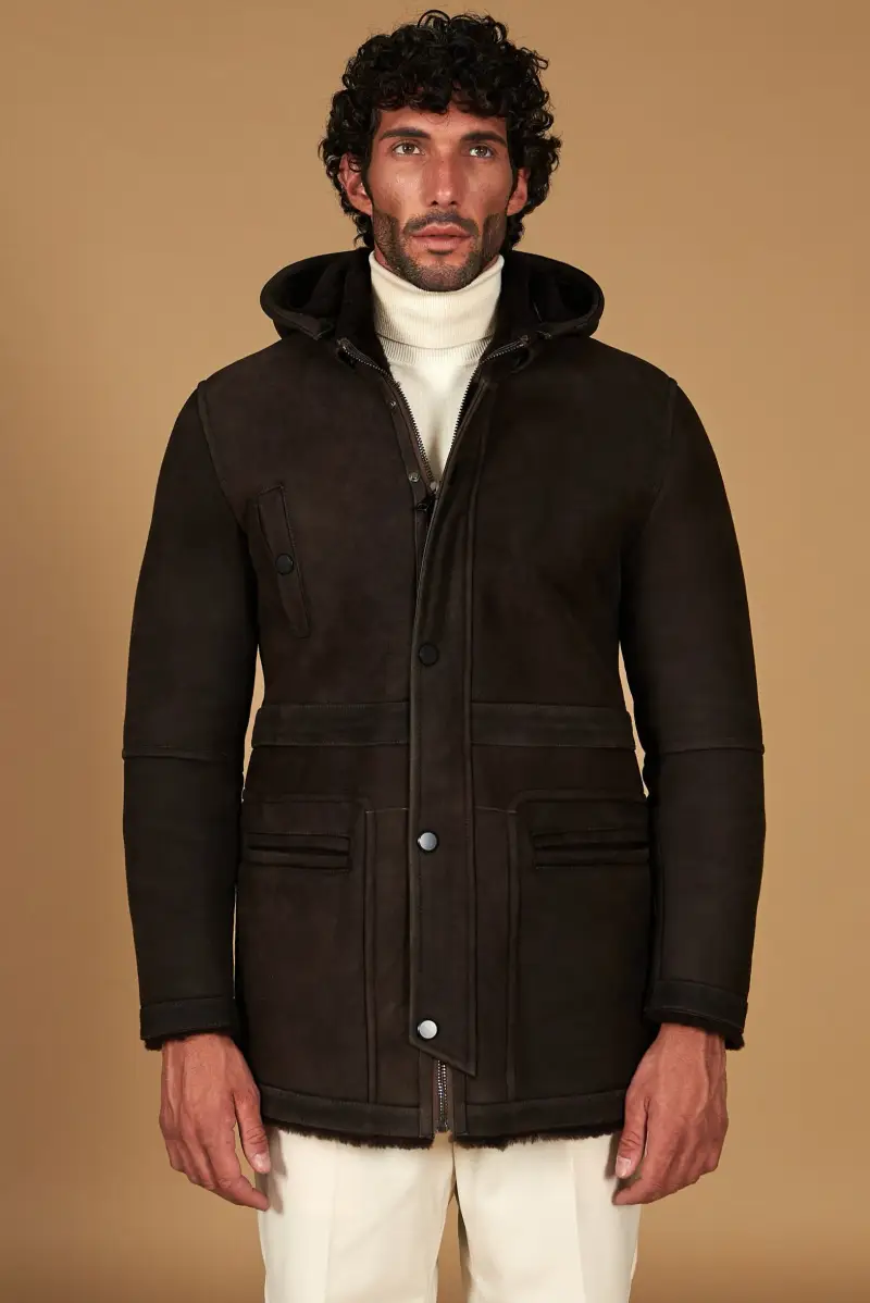 Cappotto montone shearling scamosciato testa di moro con cappuccio staccabile D'Arienzo, Seleziona Testa di moro