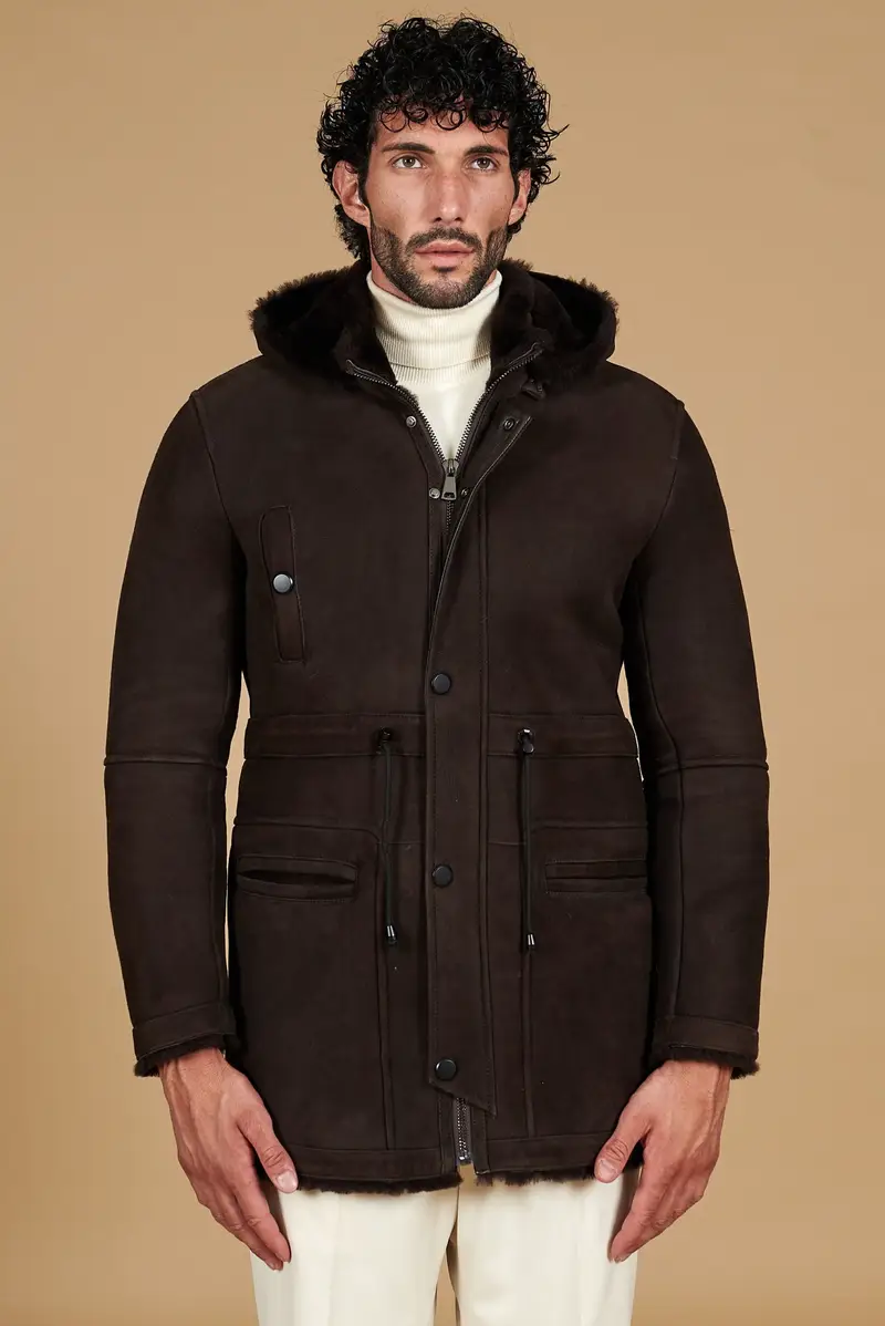 Cappotto montone shearling testa di moro con cappuccio staccabile D'Arienzo, Seleziona Testa di moro