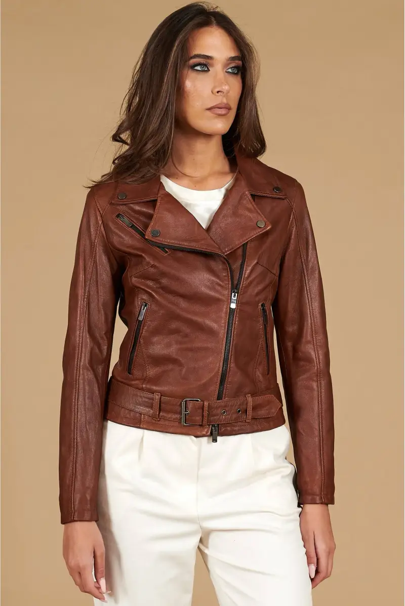 Chiodo in pelle cuoio con cintura effetto vintage D'Arienzo, Seleziona Cuoio