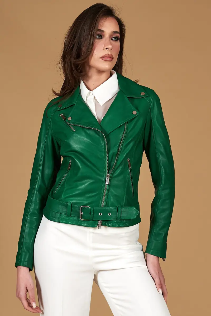 Chiodo in pelle naturale verde con cintura D'Arienzo, Seleziona Verde