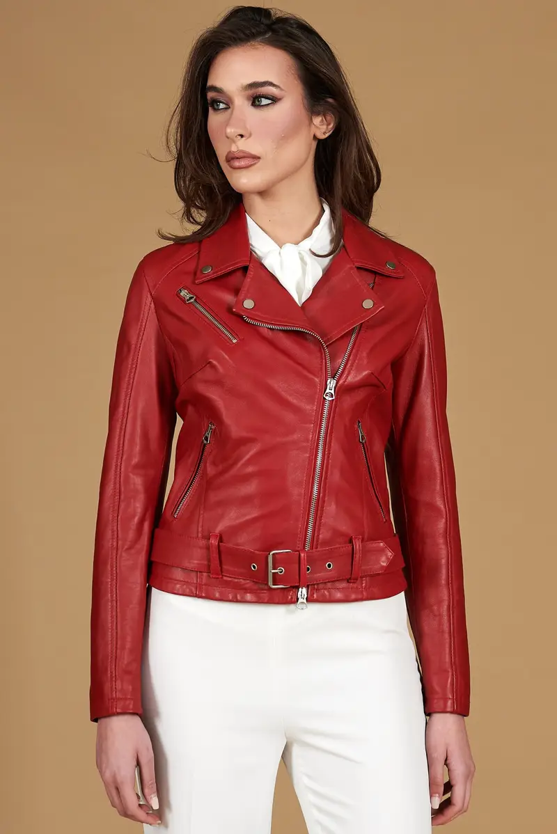 Chiodo in pelle rossa con cintura nappa effetto liscio D'Arienzo, Seleziona Rosso