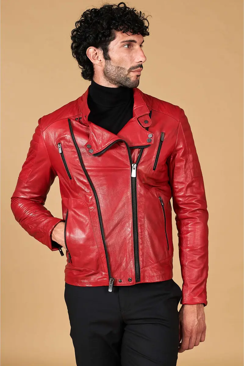 Chiodo in pelle vintage rossa doppia chiusura sinistra e destra D'Arienzo, Seleziona Rosso