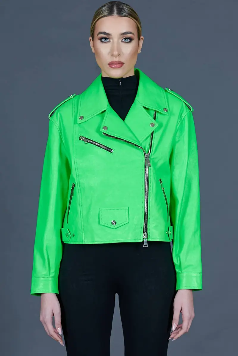 Chiodo oversize in pelle verde fluo versione corta D'Arienzo, Seleziona Verde