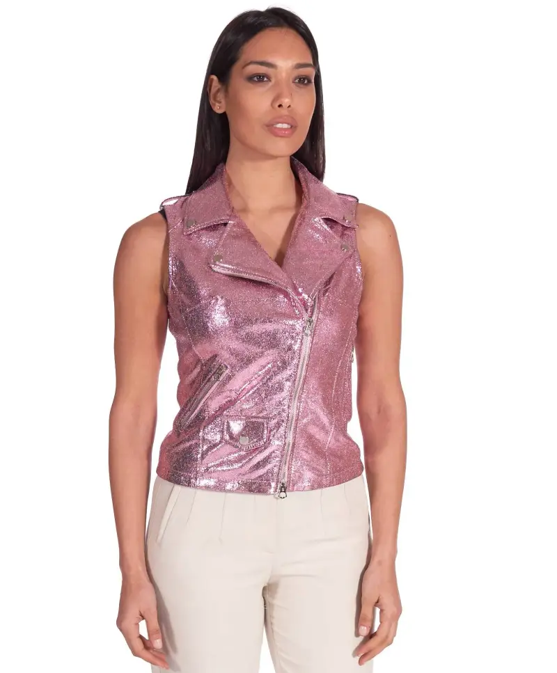 Chiodo smanicato biker in pelle laminata rosa D'Arienzo, Seleziona Rosa