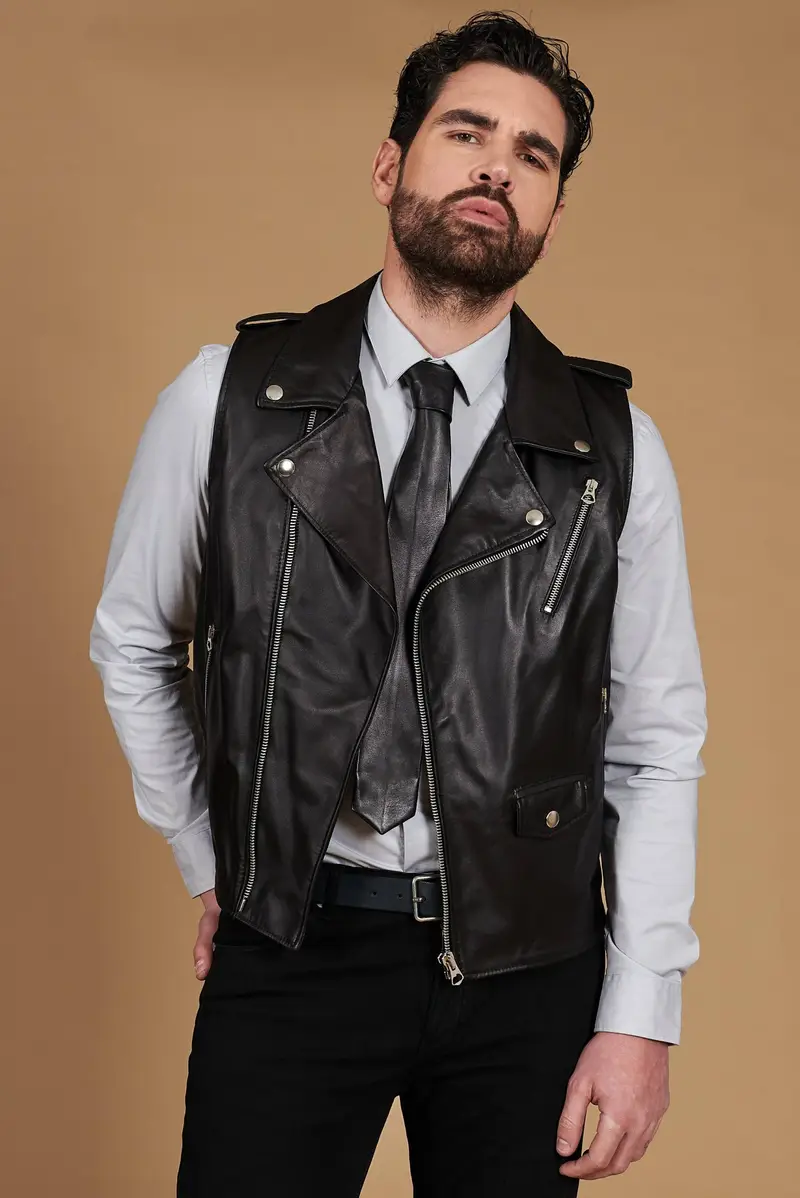 Chiodo smanicato in pelle nera nappa effetto liscio D'Arienzo, Seleziona Nero