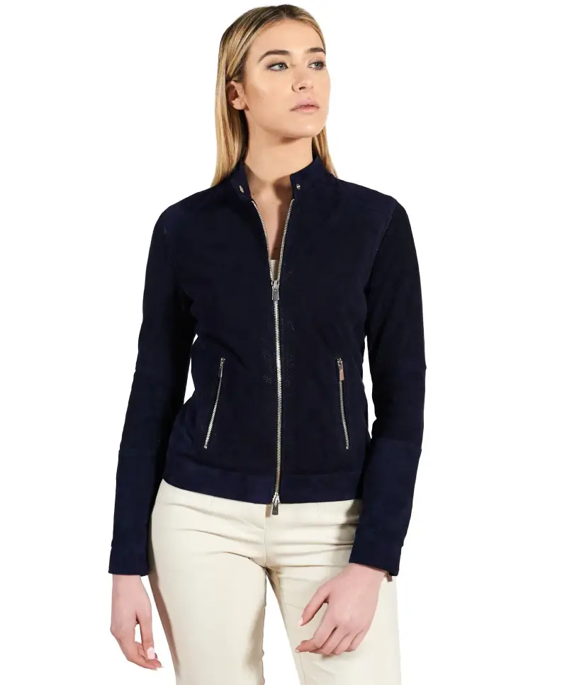 Giacca biker in pelle camoscio traforata blu effetto liscio D'Arienzo, Seleziona Blu