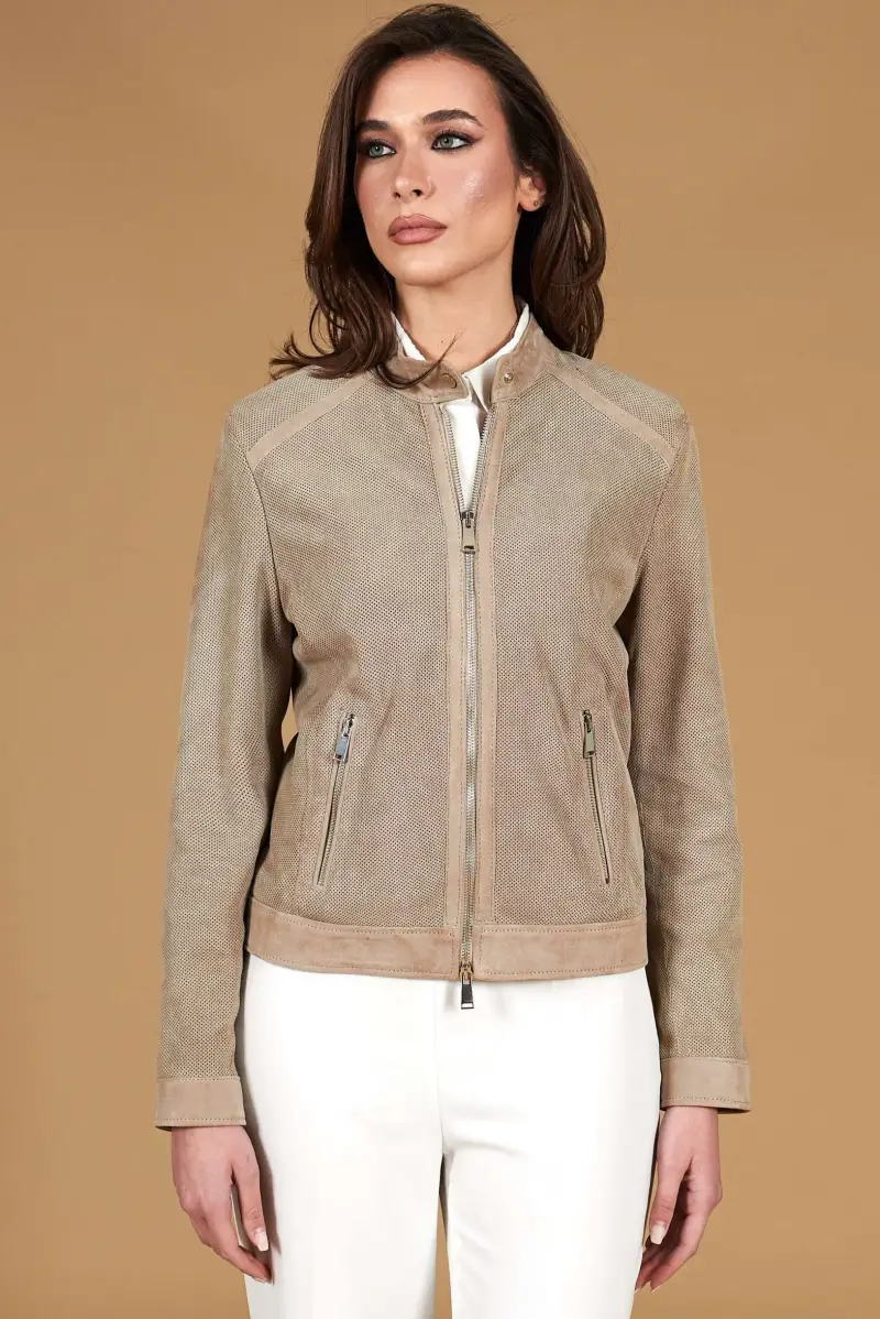 Giacca biker in pelle camoscio traforato sabbia effetto liscio D Arienzo, Seleziona Beige