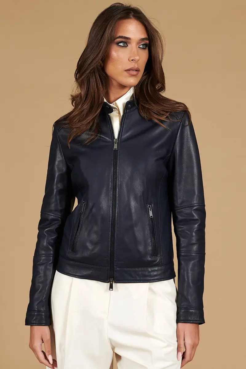 Giacca biker in pelle naturale blu effetto liscio D'Arienzo, Seleziona Blu