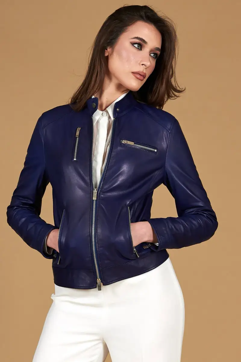 Giacca biker in pelle naturale bluette effetto liscio D'Arienzo, Seleziona Bluette
