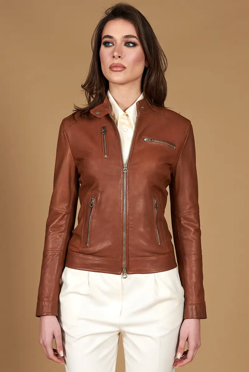 Giacca biker in pelle naturale cuoio effetto liscio D'Arienzo, Seleziona Cuoio