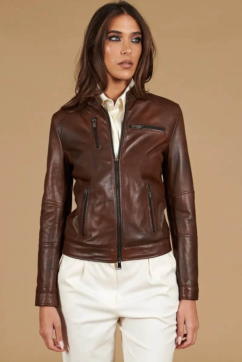 Giacca biker in pelle naturale marrone effetto liscio D'Arienzo, Seleziona Marrone
