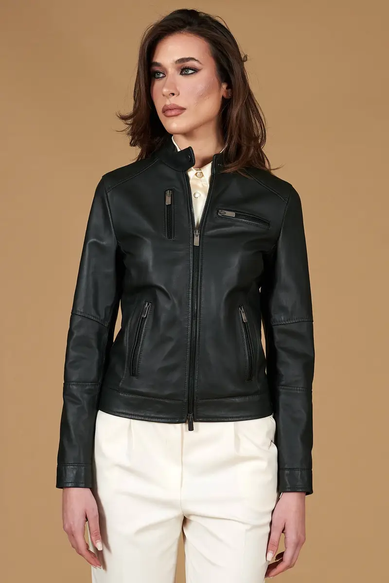 Giacca biker in pelle naturale verde effetto liscio D'Arienzo, Seleziona Verde