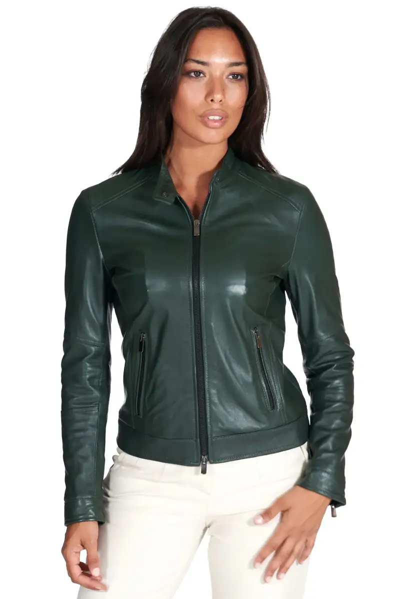 Giacca biker in pelle naturale verde effetto liscio D'Arienzo, Seleziona Verde