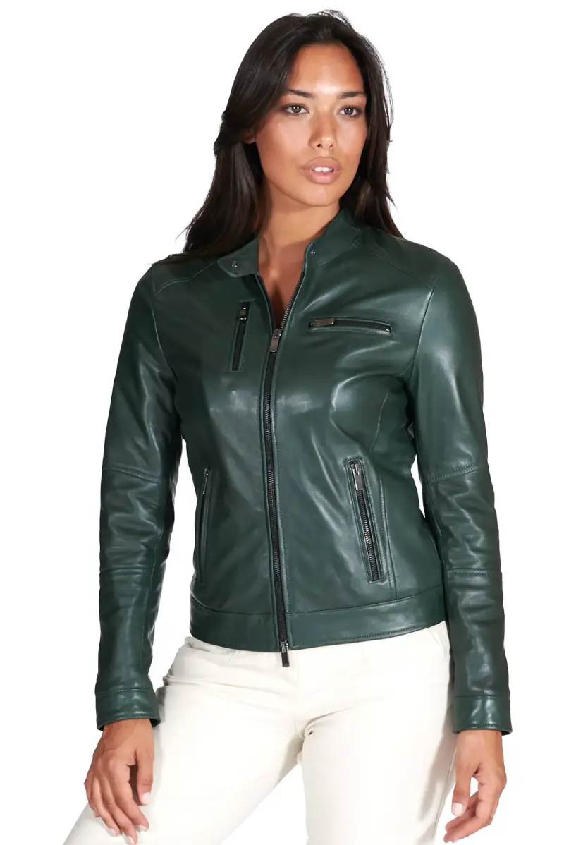Giacca biker in pelle naturale verde effetto liscio D Arienzo, Seleziona Verde