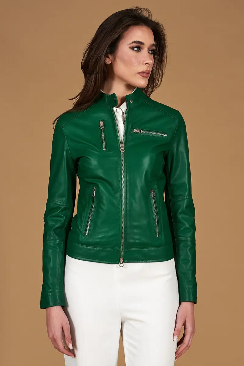 Giacca biker in pelle naturale verde effetto liscio D'Arienzo, Seleziona Verde