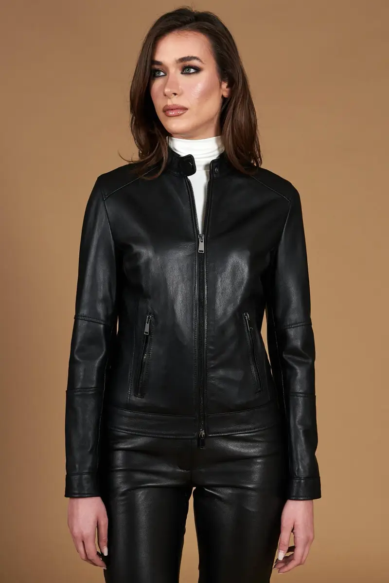 Giacca biker in pelle nera nappa effetto liscio D'Arienzo, Seleziona Nero