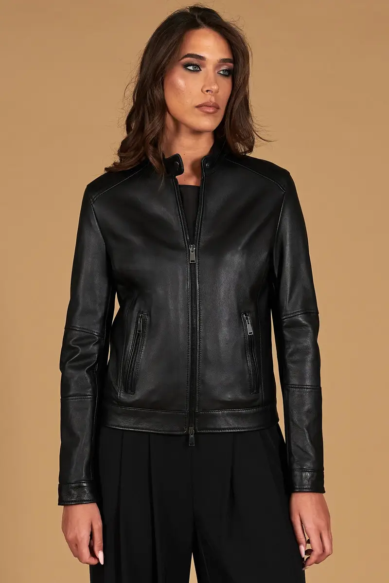 Giacca biker in pelle nera nappa effetto liscio D'Arienzo, Seleziona Nero
