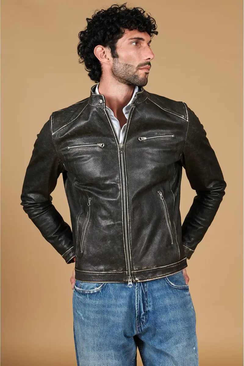 Giacca biker in pelle nera vintage effetto invecchiato D'Arienzo, Seleziona Nero