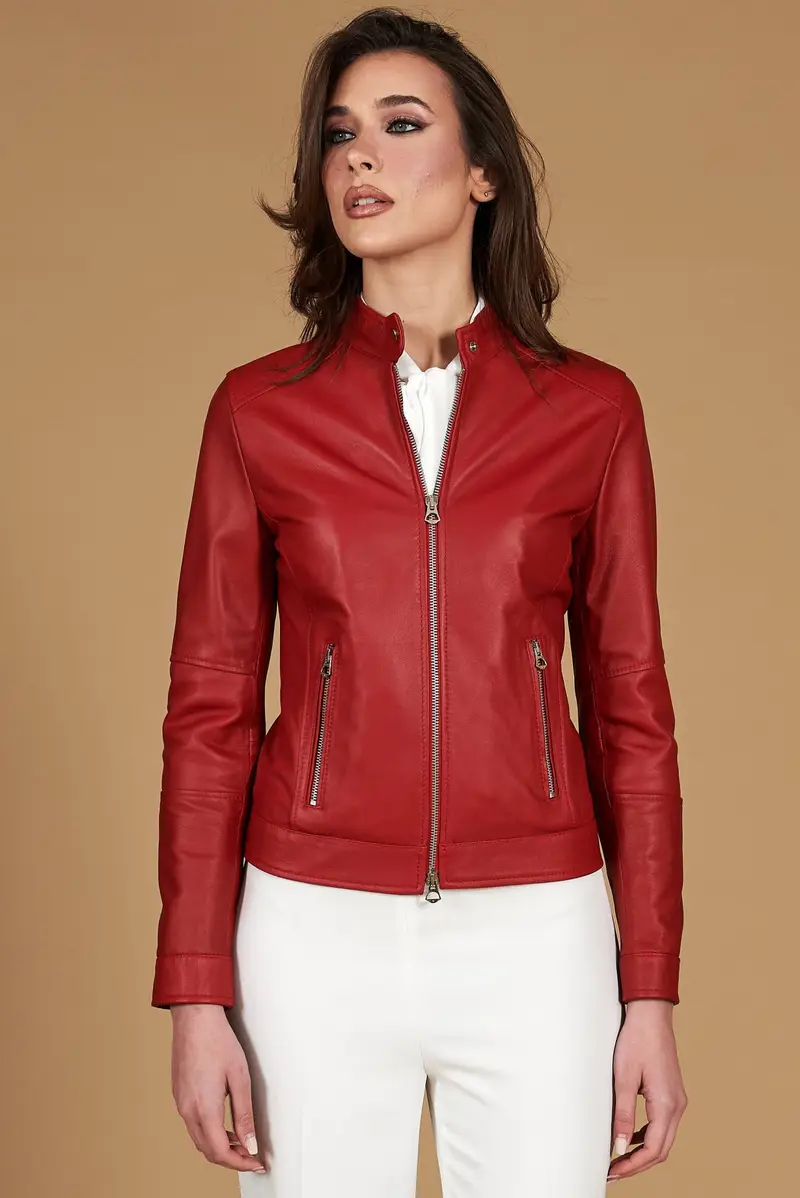 Giacca biker in pelle rossa nappa effetto liscio D'Arienzo, Seleziona Rosso