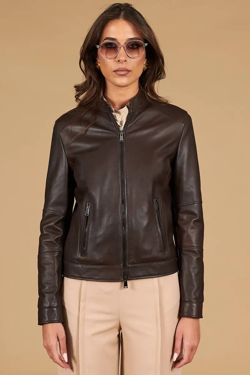 Giacca biker in pelle testa di moro effetto liscio D'Arienzo, Seleziona Testa di moro