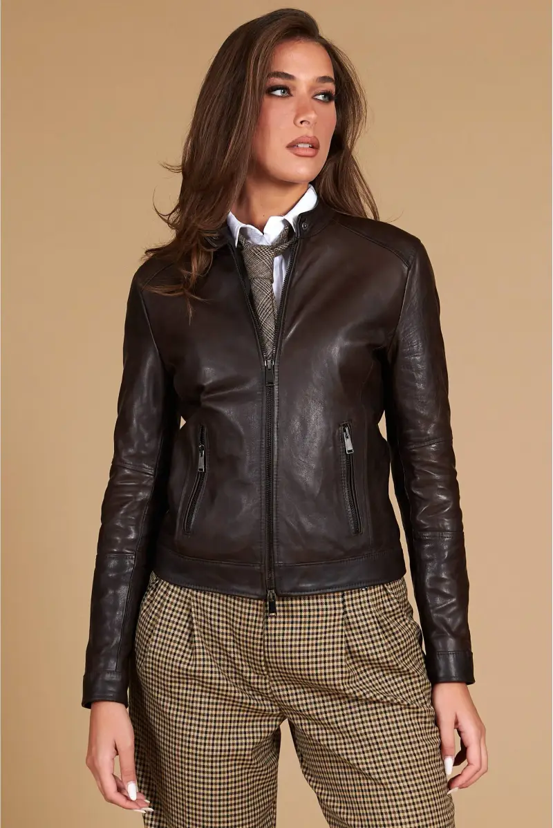 Giacca biker in pelle testa di moro effetto vintage D Arienzo, Seleziona Testa di moro