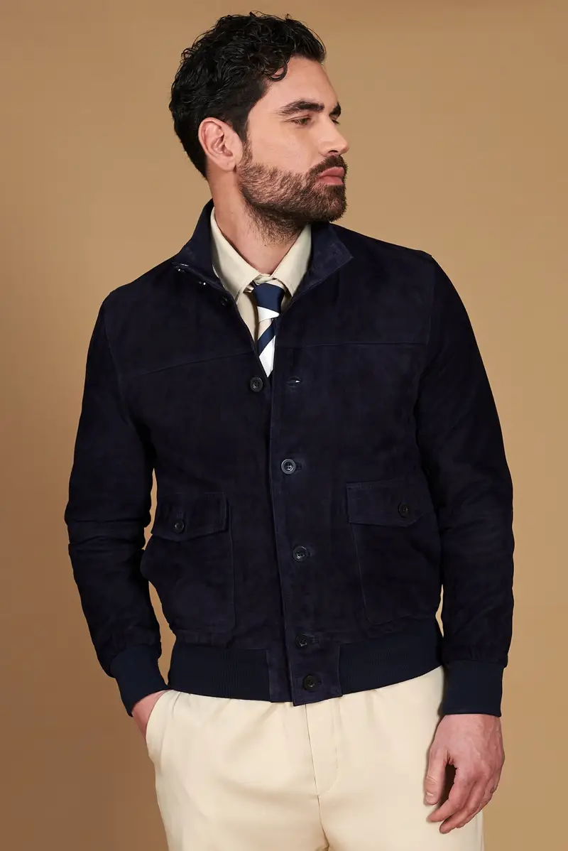 Giacca bomber in pelle camoscio blu con bottoni e tasconi D'Arienzo, Seleziona Blu