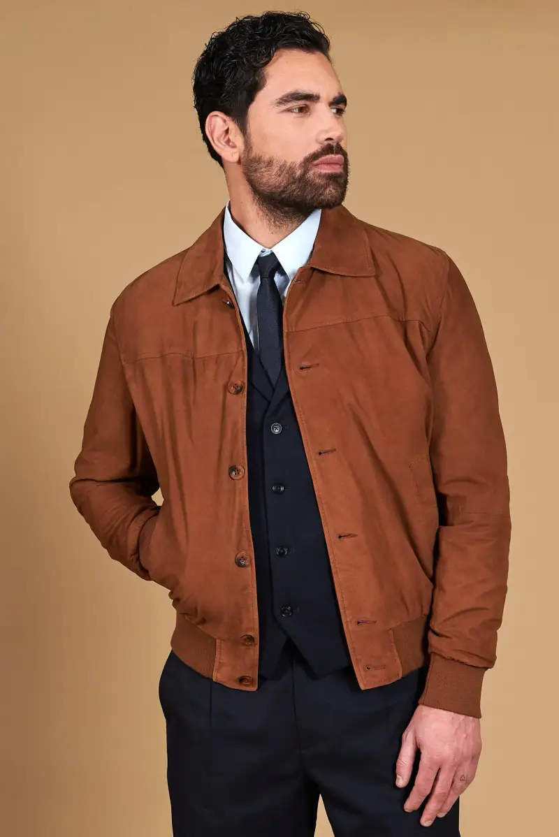 Giacca bomber in pelle camoscio color cuoio collo camicia D Arienzo, Seleziona Cuoio