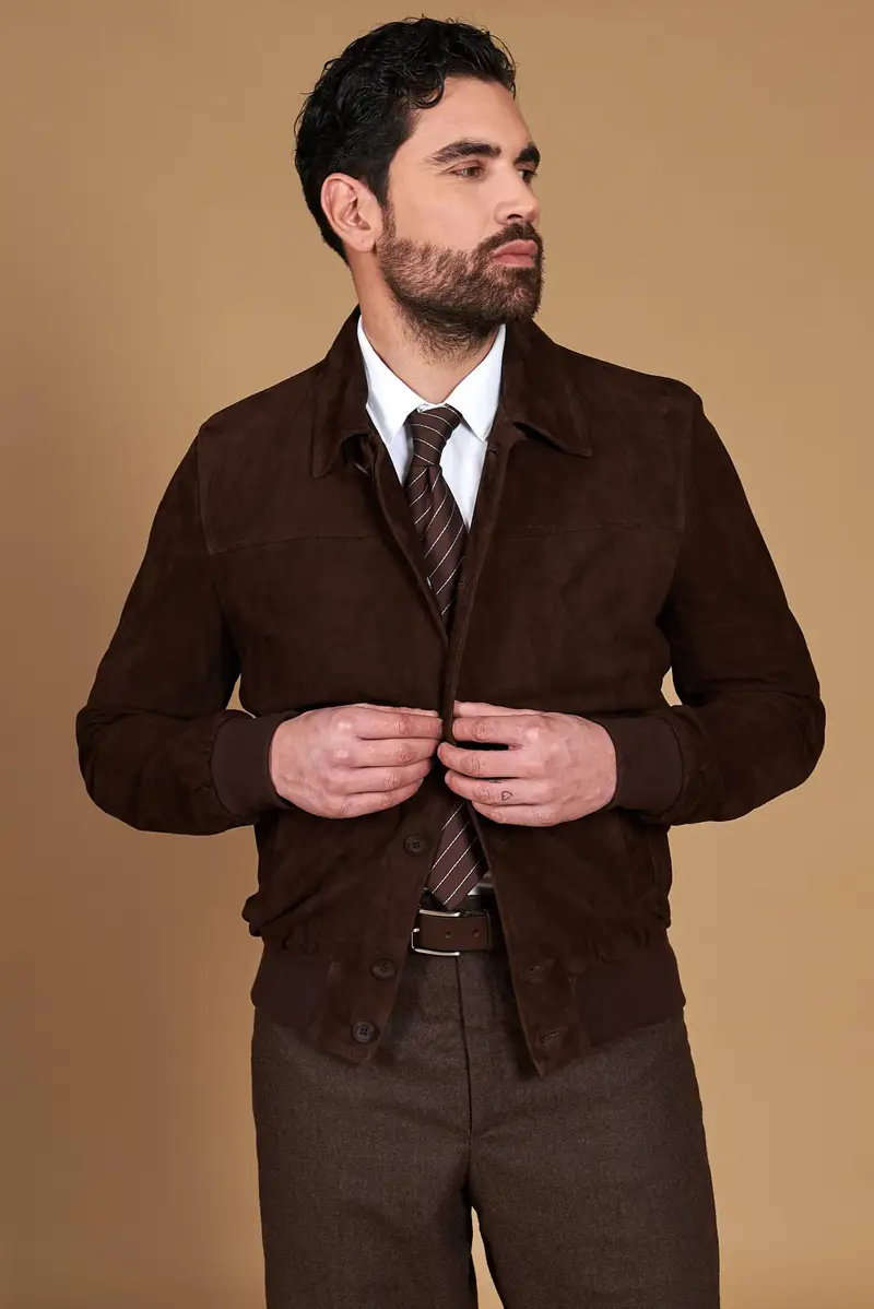 Giacca bomber in pelle camoscio testa di moro collo camicia D'Arienzo, Seleziona Testa di moro