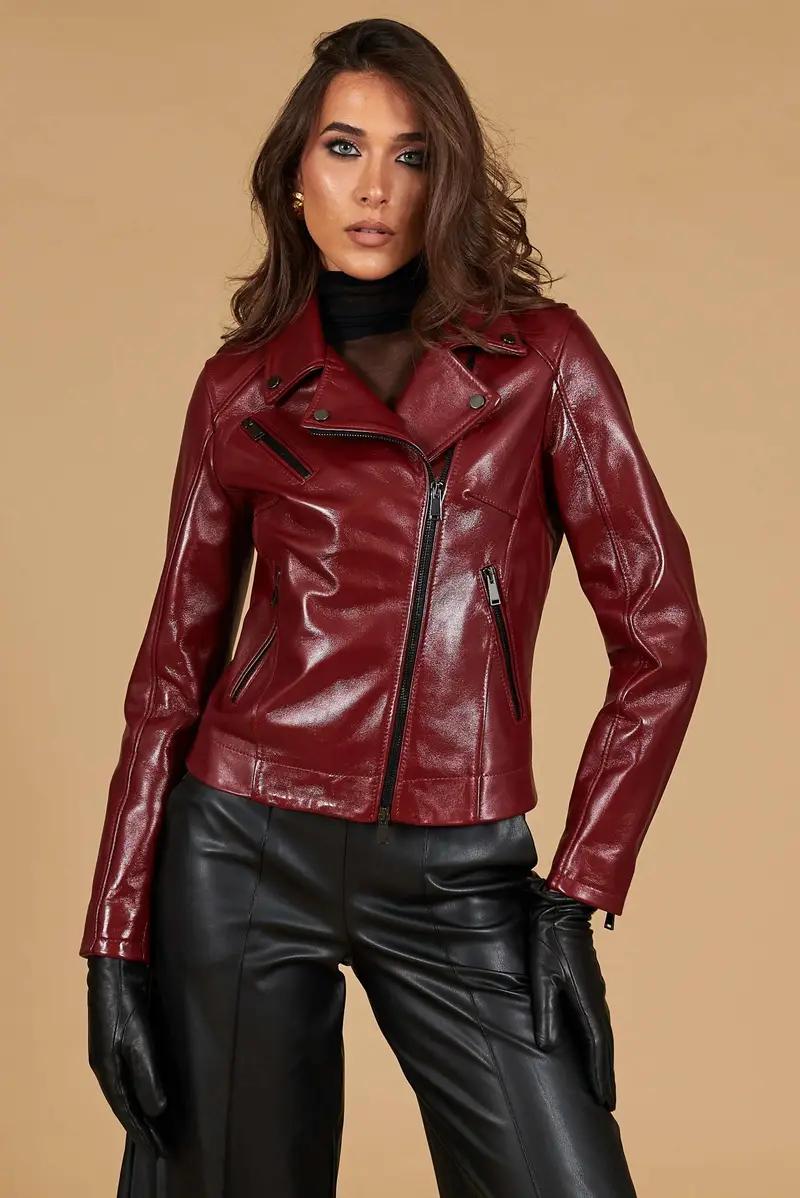 Giacca chiodo in pelle colore rosso ancora effetto liscio D'Arienzo, Seleziona Rosso