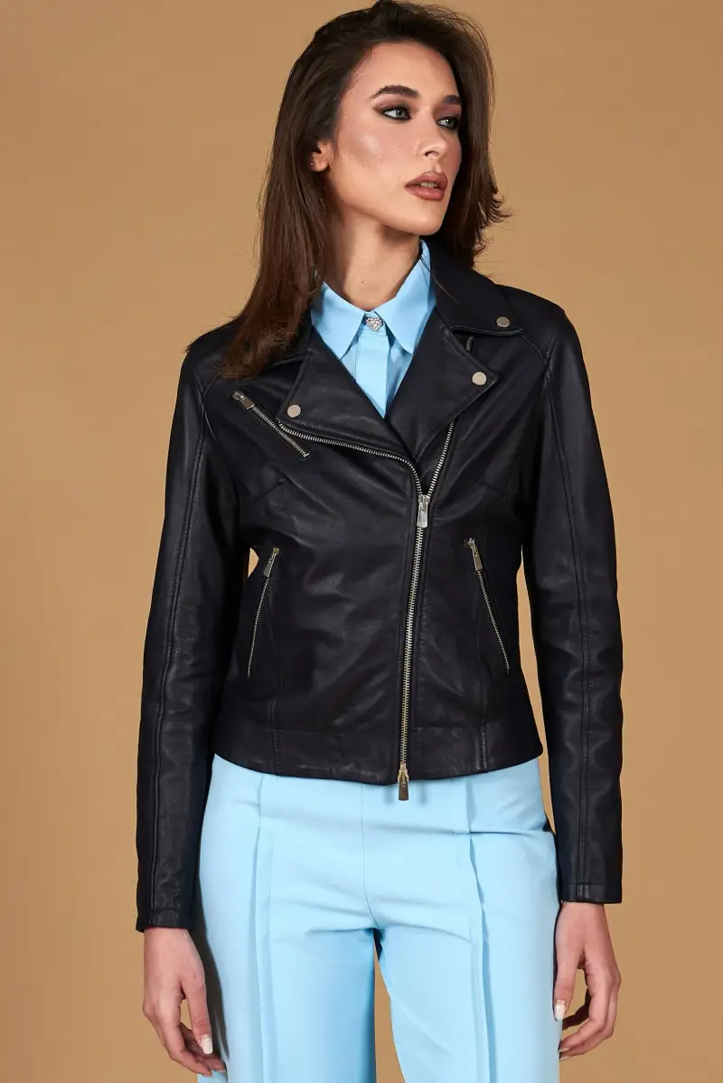 Giacca chiodo in pelle naturale blu avion cerniera trasversale D'Arienzo, Seleziona Blu