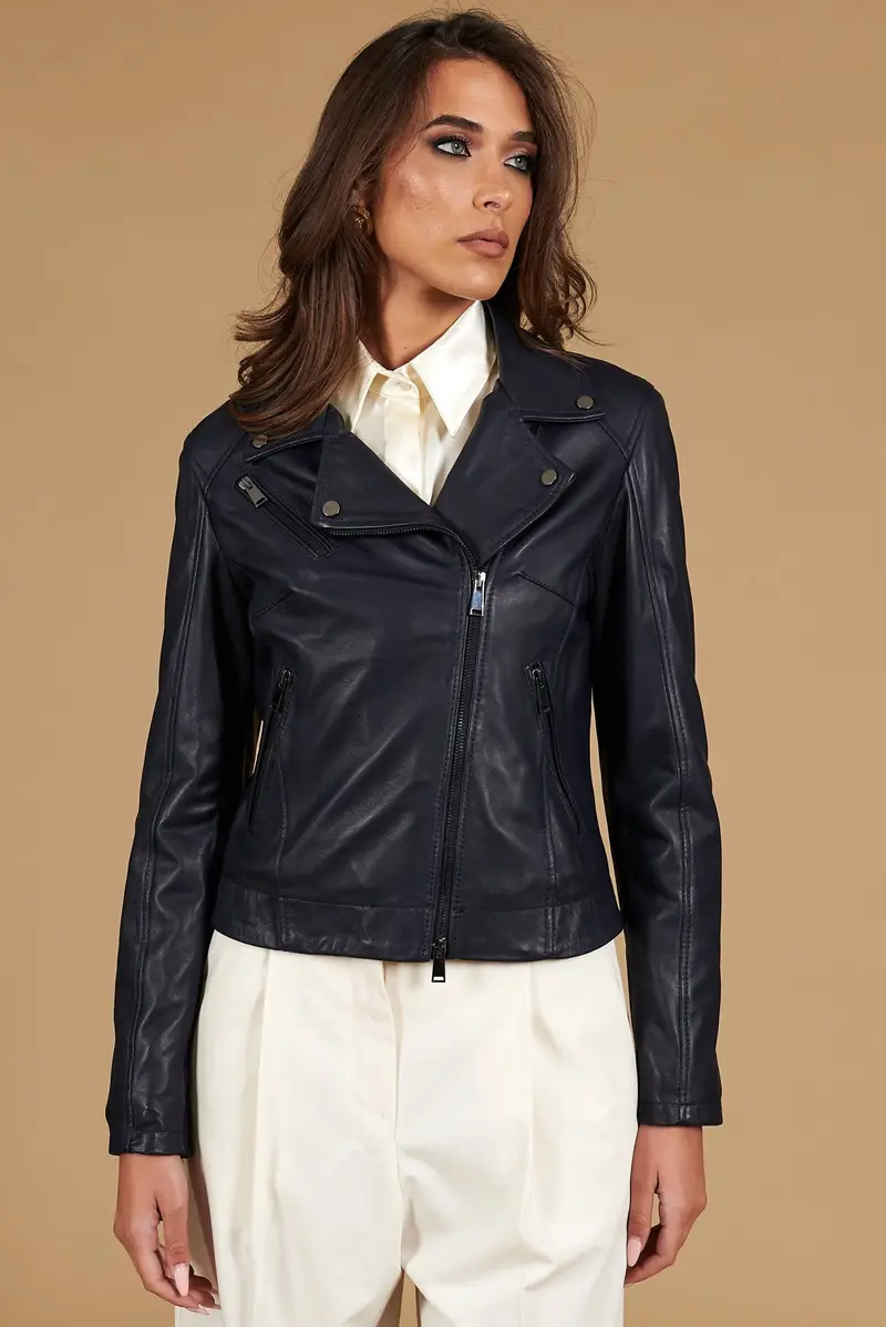 Giacca chiodo in pelle naturale blu effetto liscio D'Arienzo, Seleziona Blu