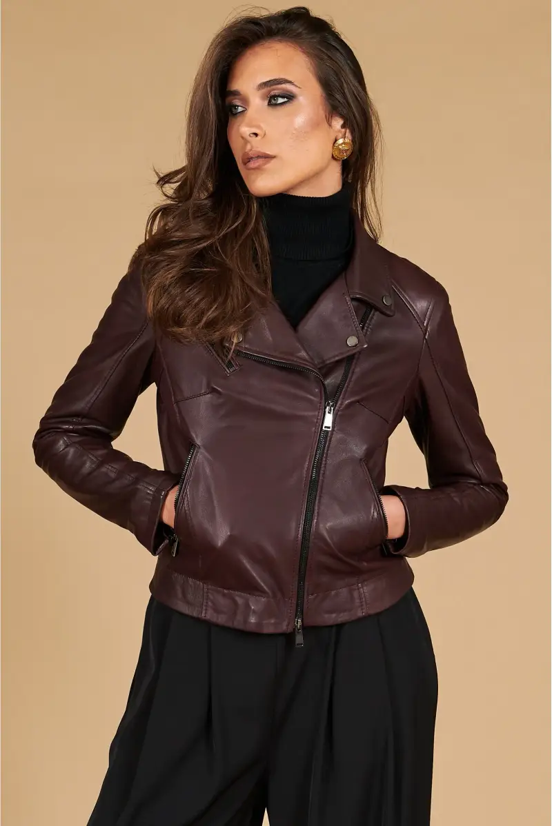 Giacca chiodo in pelle naturale bordeaux effetto liscio D'Arienzo, Seleziona Vinaccio