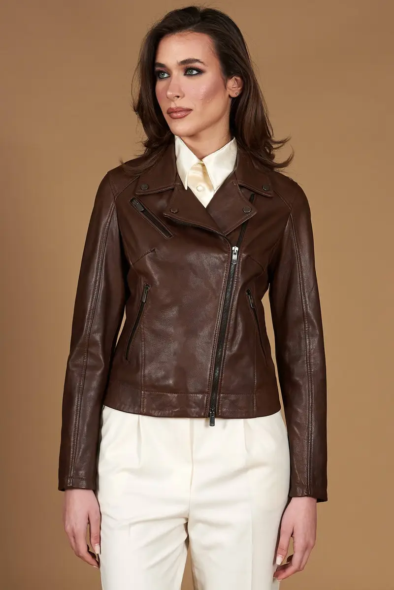 Giacca chiodo in pelle naturale marrone cerniera trasversale D'Arienzo, Seleziona Marrone