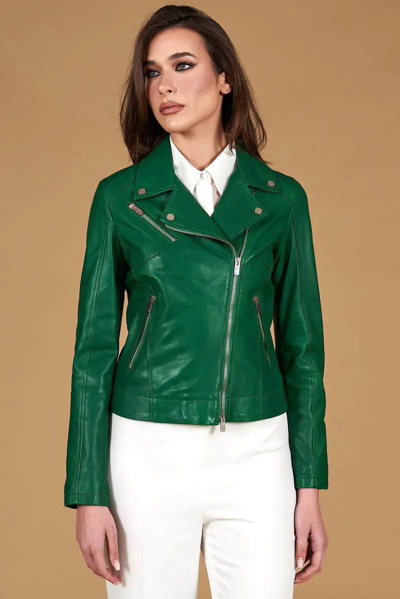 Giacca chiodo in pelle naturale verde cerniera trasversale D'Arienzo, Seleziona Verde