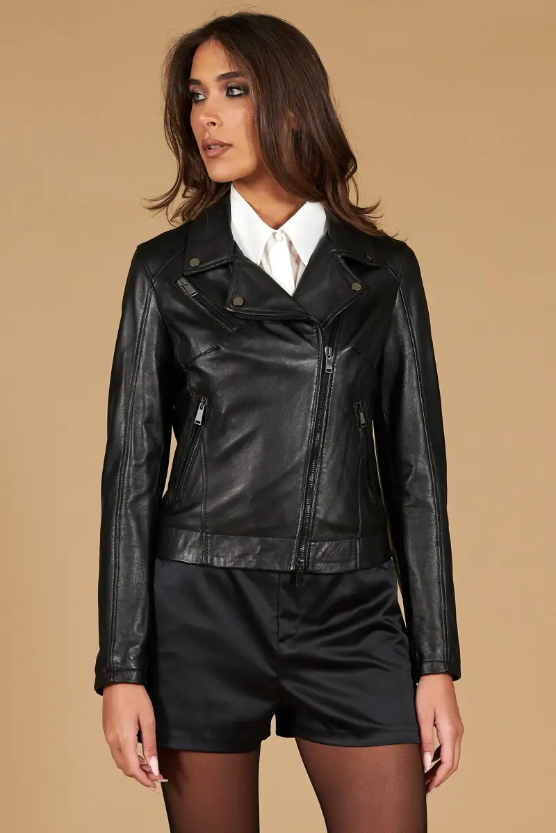 Giacca chiodo in pelle nera nappa effetto liscio D'Arienzo, Seleziona Nero