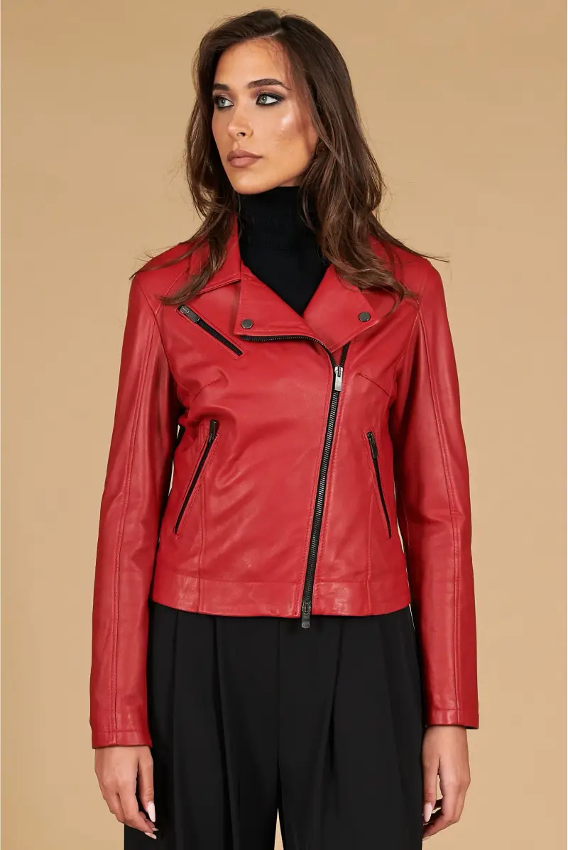 Giacca chiodo in pelle rossa nappa effetto liscio D'Arienzo, Seleziona Rosso