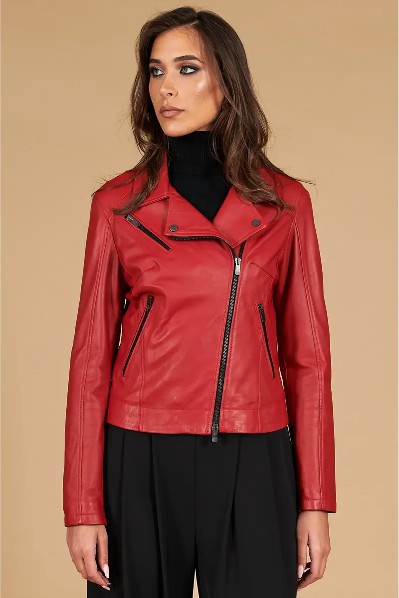 Giacca chiodo in pelle rosso nappa effetto liscio D'Arienzo, Seleziona Rosso