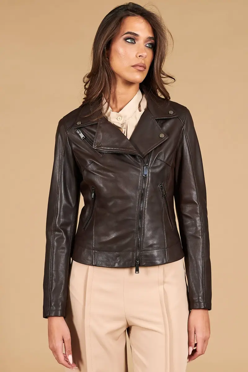 Giacca chiodo in pelle testa di moro effetto liscio D'Arienzo, Seleziona Testa di moro