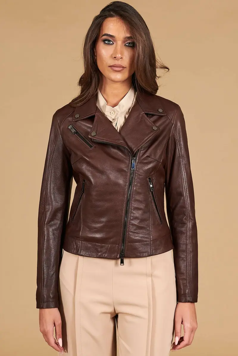 Giacca chiodo in pelle testa di moro effetto vintage D'Arienzo, Seleziona Testa di moro