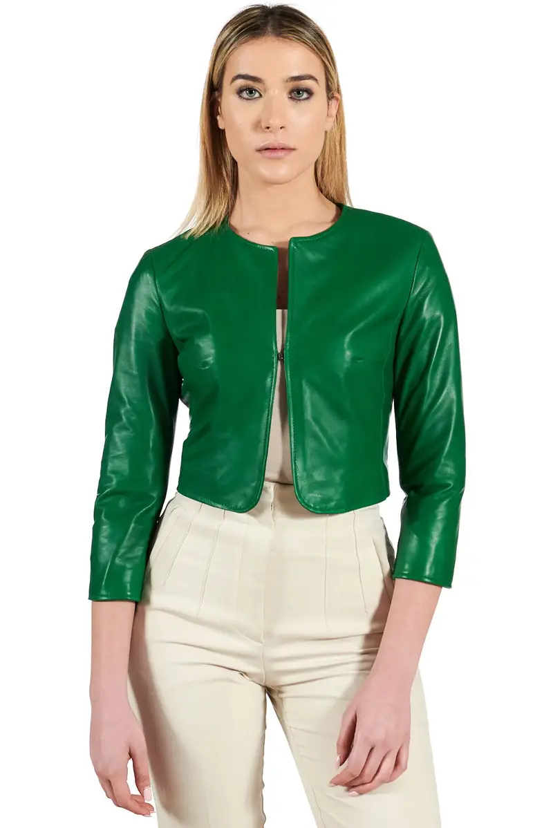 Giacca corta bolero in pelle naturale verde girocollo D'Arienzo, Seleziona Verde