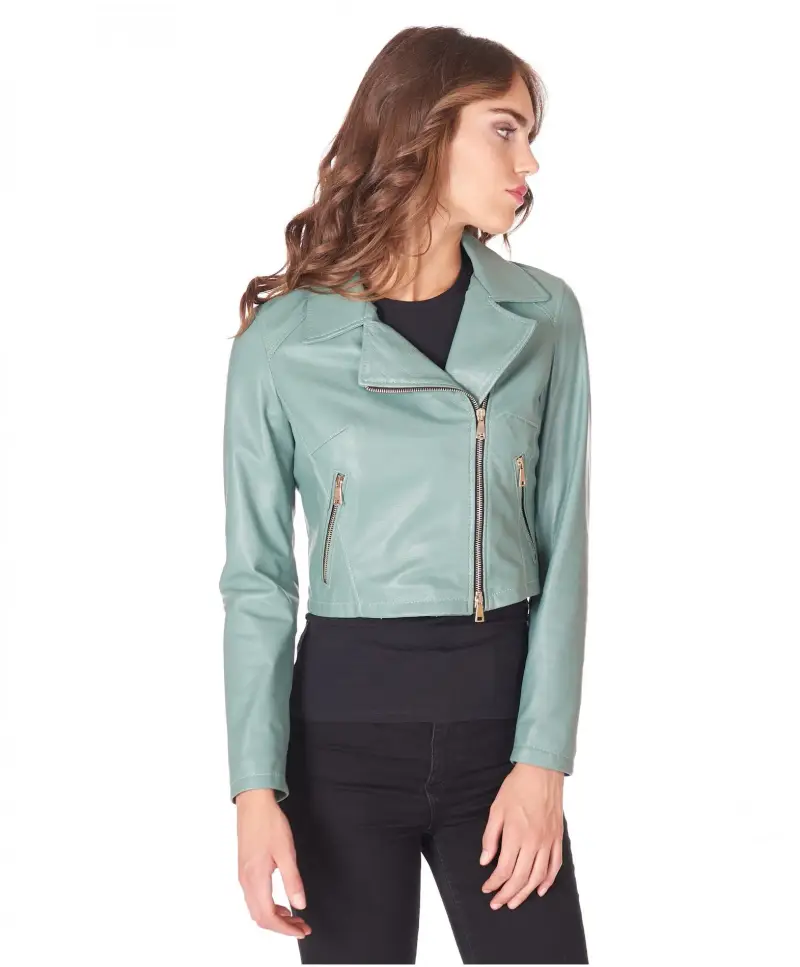 Giacca corta in pelle verde salvia stile chiodo D'Arienzo, Seleziona Verde