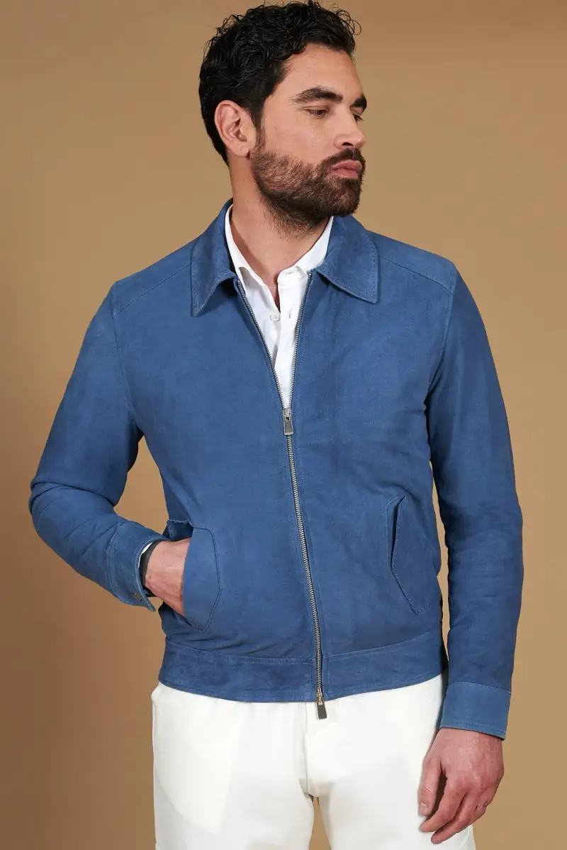 Giacca in camoscio denim blu con colletto camicia impunturato a mano D Arienzo, Seleziona Blu