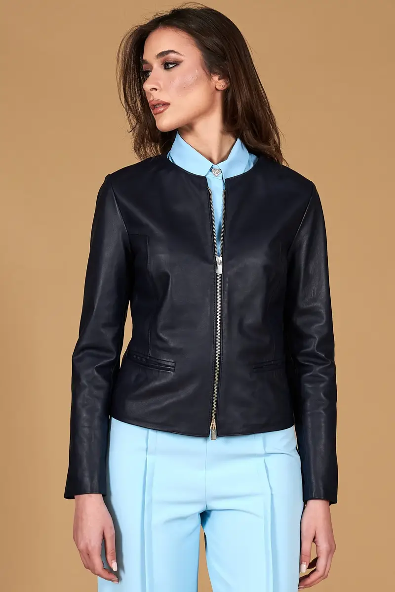 Giacca in pelle blu girocollo nappa effetto liscio D'Arienzo, Seleziona Blu