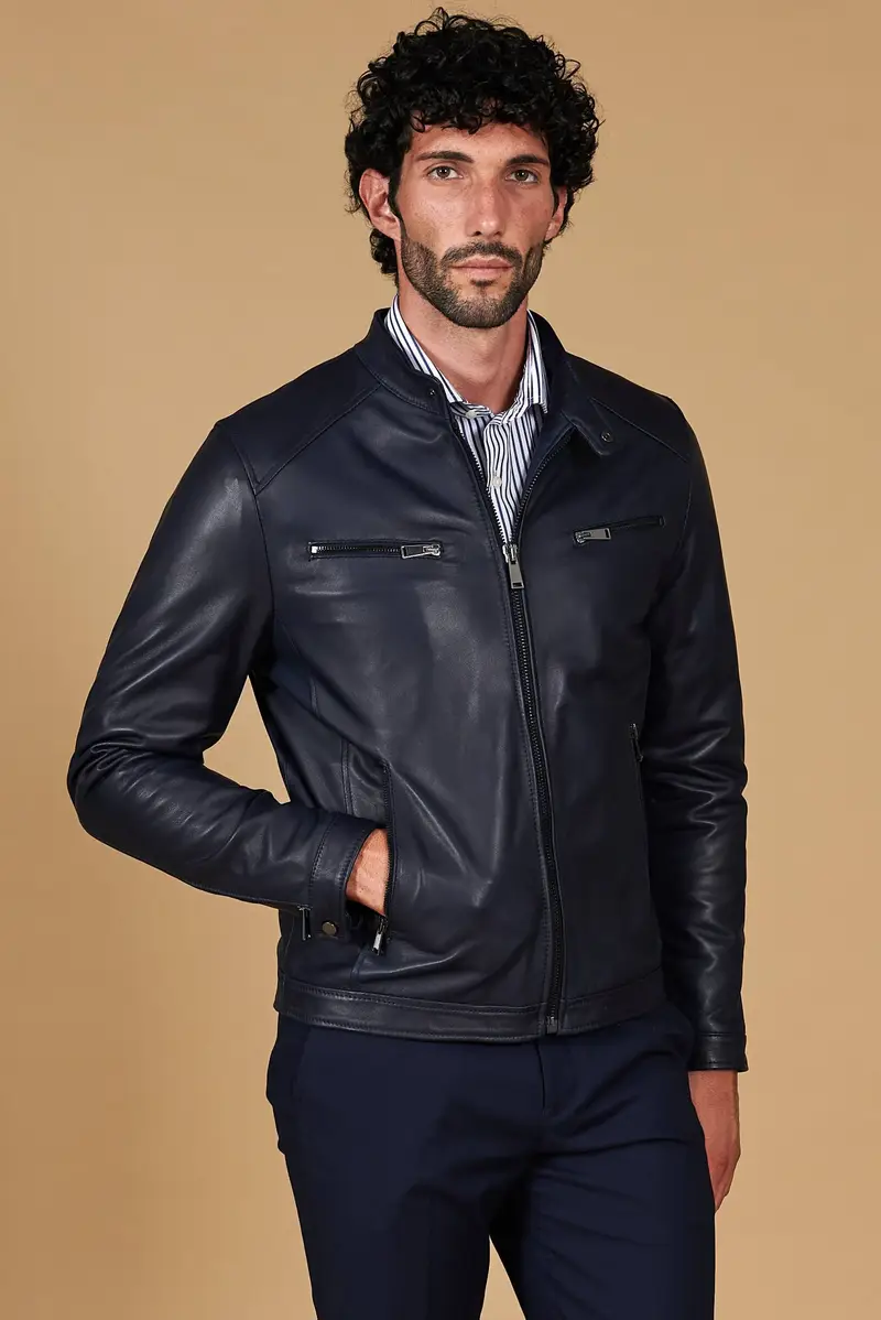 Giacca in pelle blu quattro tasche nappa effetto liscio D'Arienzo, Seleziona Blu