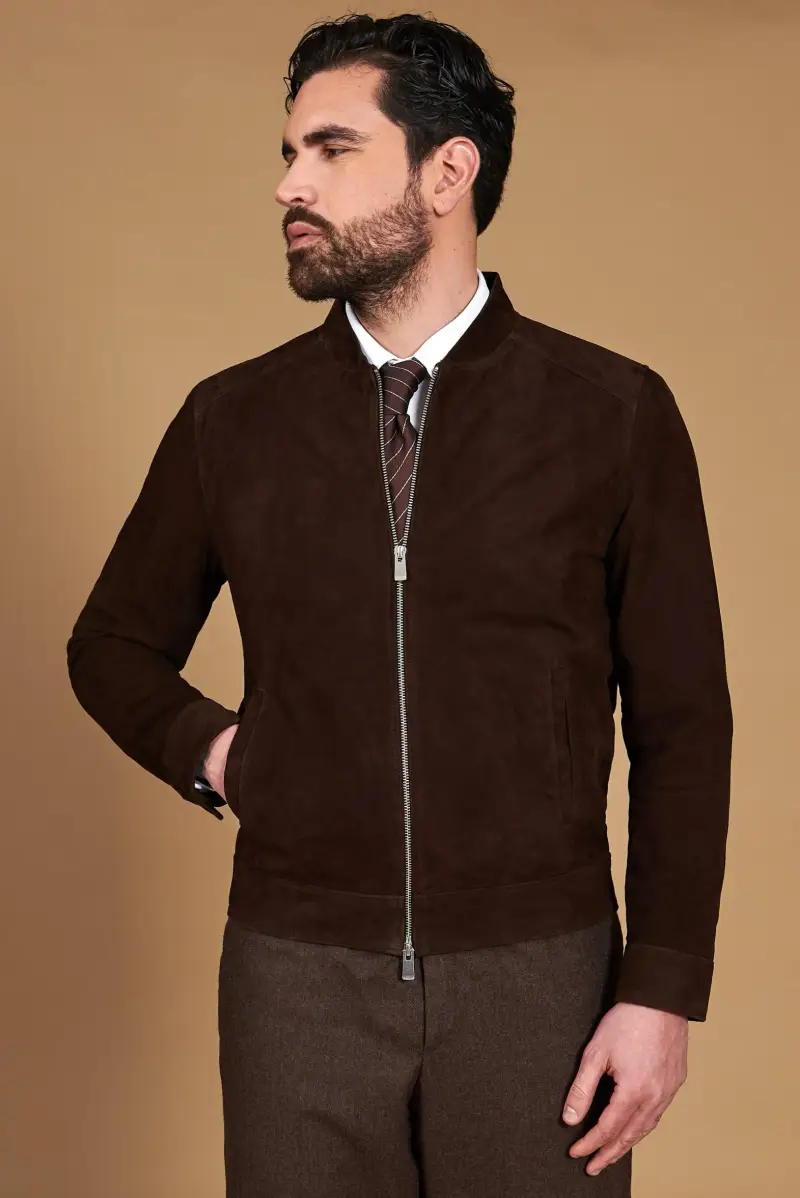 Giacca in pelle camoscio testa di moro con cerniera D'Arienzo, Seleziona Testa di moro