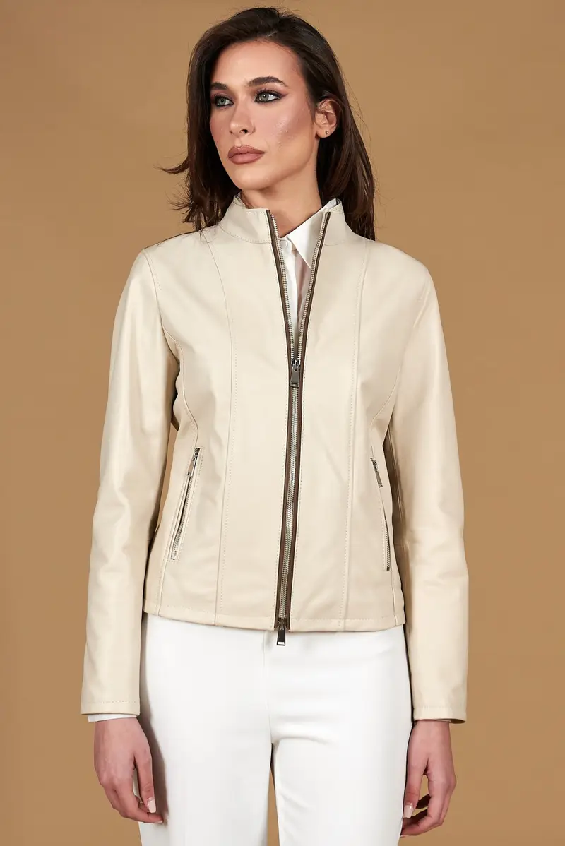 Giacca in pelle color crema profili fango colletto coreana D'Arienzo, Seleziona Crema